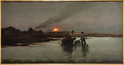 Fiskeri ved solnedgang (olie på lærred) af Giuseppe Miti Zanetti