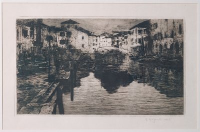 Fiskemarkedskanalen i Chioggia (ætsning på hvidt papir) af Giuseppe Miti Zanetti