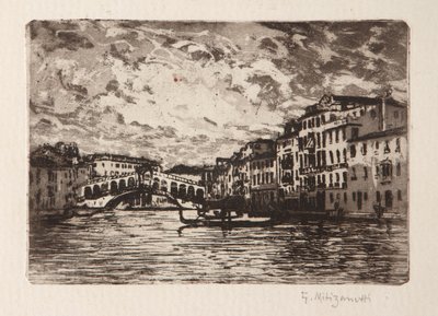Rialtobroen i Venedig (radering og akvatinte på hvidt papir) af Giuseppe Miti Zanetti