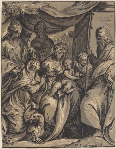 Jomfruen og barnet med hellige af Giuseppe Nicolo Vicentino, after Camillo Boccaccino