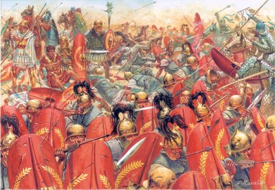 Det gamle Rom: Slaget ved Carrhes (eller Charan), hvor de romerske legioner under general Crassus besejrede partherne under ledelse af general Surena den 9. juni. af Giuseppe Rava