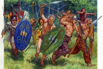 Antiquite: galliske krigere angriber, til venstre i et sting - galliske krigere angriber, en af dem til venstre bærer en ringbrynje - Illustration af Giuseppe Rava af Giuseppe Rava