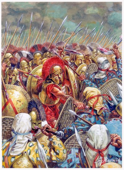 Slaget ved Thermopylæ: Den spartanske hær under ledelse af Leonidas I kæmper sammen med grækerne mod perserne i 480 f.Kr (Persian Wars/Battle of Thermopylae 480 BC - (Den spartanske konge Leonidas og hans mænd falder i slaget) - Illustration by Giusep af Giuseppe Rava