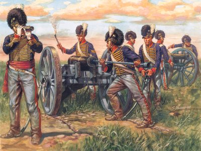 Det første imperium: Engelske artillerisoldater lader en kanon under slaget ved Waterloo i 1815 - First empire: soldater fra den britiske hær lader en kanon under slaget ved Waterloo i 1815 - Illustration af Giuseppe Rava af Giuseppe Rava