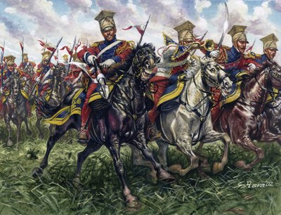 Første kejserrige: Den kejserlige gardes Red Lancers eller Regiment of Horse-Legers under slaget ved Waterloo den 18/06/1815 - Første kejserrige: Den kejserlige gardes 2. regiment of light cavalry lancers (Red Lancers eller Red Lancers) under slaget ved Wa af Giuseppe Rava