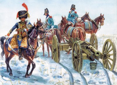 Det første kejserdømme (1804-1814): Den store hærs artilleri slæbes i sneen - Det første kejserdømme: Den store hærs kavaleri slæber artilleri i sneen - Illustration af Giuseppe Rava af Giuseppe Rava