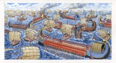 Gnaeus Pompeius Magnus besejrer de ciliciske pirater i kamp af Giuseppe Rava