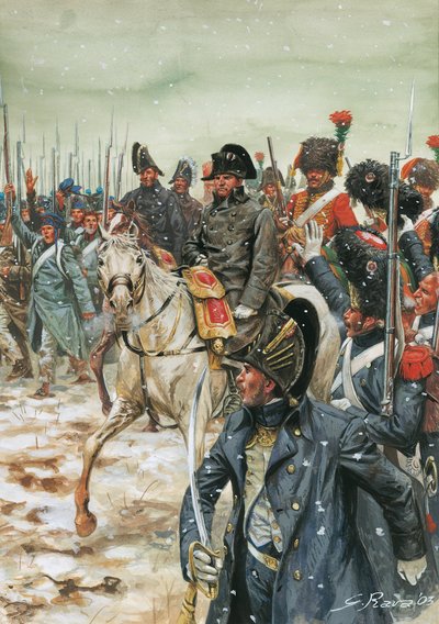 Længe leve kejseren! Kejser Napoleon I (1769-1821) en hest omringer hans hær under det franske felttog i januar 1814" - Den sjette koalitionskrig, slag i Frankrig, kejser Napoleon I omringet af sin hær under det franske felttog - Illustration af G af Giuseppe Rava
