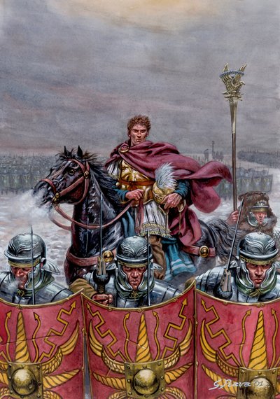 Romersk antikvitet: Romersk hær nær Hadrians mur i Skotland, 2. århundrede e.Kr - Illustration af Giuseppe Rava af Giuseppe Rava