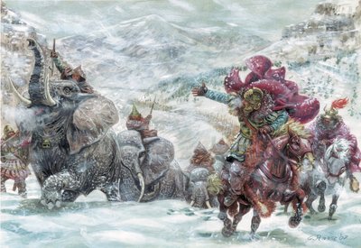Romersk antikvitet: Hannibals elefanter under krydsningen af Alperne - repræsentation af elefanter, der gjorde det muligt for den kartagiske general Hannibal (247-183 f.Kr.) at krydse Alperne i 218 f.Kr. under den anden puniske krig Illustration af Giusepp af Giuseppe Rava