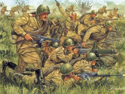 Anden Verdenskrig: Overfald af russisk infanteri i let uniform - Anden Verdenskrig: russiske soldater i sommeruniform - Illustration af Giuseppe Rava af Giuseppe Rava