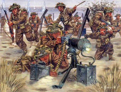 Anden Verdenskrig: Landgang i Normandiet i juni 1944, engelske soldater - WWII: Landgangen i Normandiet, de britiske tropper, 6. juni 1944 - Illustration af Giuseppe Rava af Giuseppe Rava
