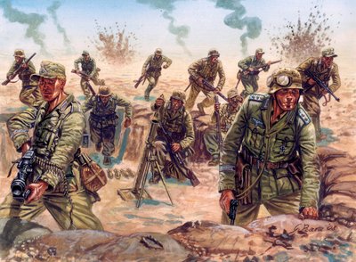 Anden Verdenskrig, Nordafrika-kampagnen: soldat i Deutsches Afrikakorps (Afrika Korps, Afrikakorps eller DAK), den tyske ekspeditionsstyrke, i den libyske ørken af Giuseppe Rava