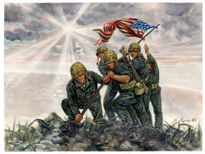 Anden Verdenskrig, Stillehavskrigen: Slaget om Iwo Jima, US Marines sejr i februar 1945 - Anden Verdenskrig, Stillehavskrigen: Slaget om Iwo Jima (Operation Detachment), den amerikanske marinesoldat hejser det amerikanske flag, februar 1945, Japan - Illust af Giuseppe Rava