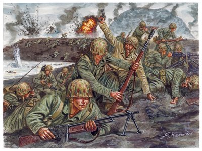 Anden Verdenskrig, Stillehavskrigen: Landgang den 19.2.1945 af marinesoldaternes amfibiekorps under slaget om Iwo Jima i Japan - Anden Verdenskrig, Stillehavskrigen: Slaget om Iwo Jima (Operation Detachment), den amerikanske marines amfibielanding den 19.  af Giuseppe Rava
