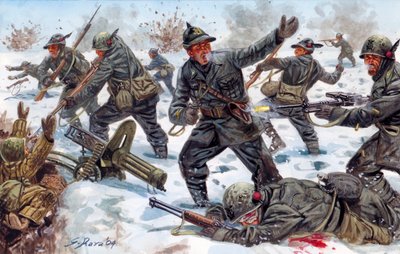 Anden Verdenskrig, den russiske front: Italienske alpejægere i Rusland i januar 1943 - Anden Verdenskrig, russisk front: de italienske alpejægere i Rusland, januar 1943 - Illustration af Giuseppe Rava af Giuseppe Rava