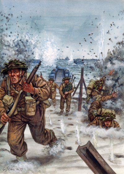 Anden Verdenskrig: Skotske soldater under landgangen i Normandiet 6/06/1944 - Anden Verdenskrig, D-dag: Skotske soldater på landgangsdagen i Normandiet, 6. juni 1944 - Illustration af Giuseppe Rava af Giuseppe Rava