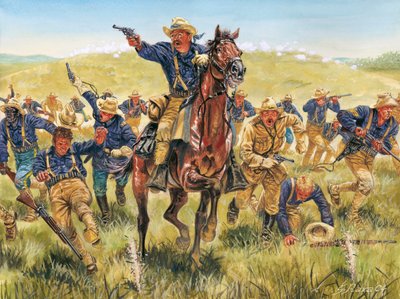 Den spansk-amerikanske krig eller den cubanske uafhængighedskrig (1868-1898) mellem Spanien og Nordamerika: portræt af den amerikanske soldat og politiker Theodore Roosevelt (1858-1919), der angriber med Rough Riders på Cuba - Den spansk-amerikanske krig ( af Giuseppe Rava