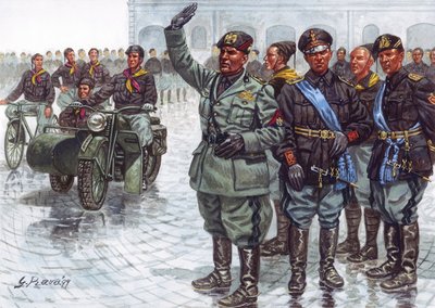 Duce Benito Mussolini (1883-1945), ledsaget af sine sortskjorter (Camicie nere), laver den fascistiske hilsen under en militærparade - Benito Mussolini og sortskjorterne under en militærparade - Illustration af Giuseppe Rava af Giuseppe Rava