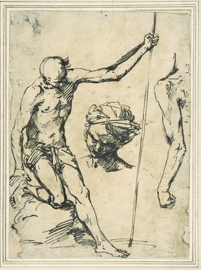 Figurstudier: mand med en stang, hoved af en mand med turban og venstre arm set bagfra af Giuseppe Ribera