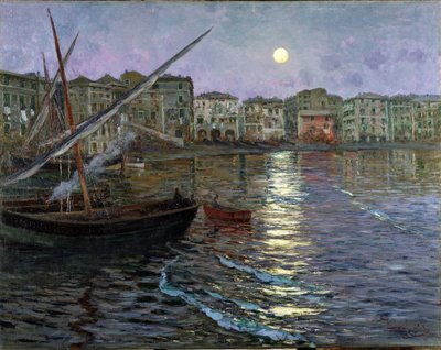 Poesia Lunare Port in the Moonlight (Udsigt over en havn ved måneskin) (olie på lærred) af Giuseppe Sacheri