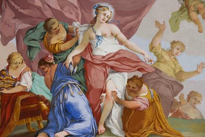 Repræsentationer af myten om Diana, af Domenico og Giuseppe Valeriani, fresco, hvælvet loft i soveværelset, Kongens lejlighed, Jagtbolig, af Filippo Juvarra (1678-1736), Stupinigi, Piemonte, Italien af Giuseppe and Valeriani Domenico Valeriani
