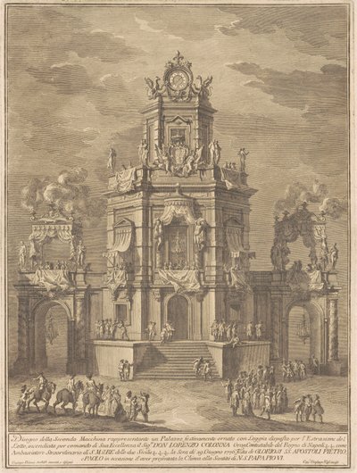 Seconda Macchina for Chinea fra 1776: Et palads med en loggia til lodtrækningen af Giuseppe Vasi, after Giuseppe Palazzi