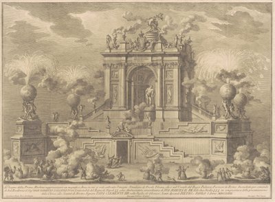 Prima Macchina for Kina fra 1767: En triumfbue med Farnese Hercules af Giuseppe Vasi, after Giuseppe Palazzi, after Paolo Posi