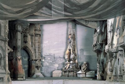 Plads foran katedralen i Valladolid, akt III, scene IV, scenografi af Charles Campon til Don Carlos af Giuseppe Verdi (1813-1901), opførelse i Paris, operahuset Salle Le Peletier, 11. marts af Giuseppe Verdi