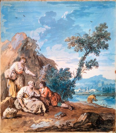 Tre bønder hviler på en flodbred, c1750. af Giuseppe Zais