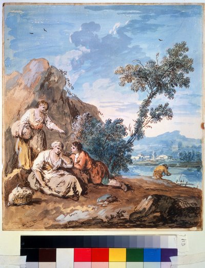 Tre bønder hviler på en flodbred. Maleri af Giuseppe Zais (1709-1784). Akvarel på papir, 29,5 x 26,2 cm, omkring 1750. Venetiansk skole, italiensk maleri 1700-tallet. Pushkin Fine Arts Museum, af Giuseppe Zais