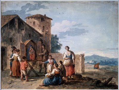 En gruppe bønder foran tabernaklet med den stående Madonna-statue. Tegning af Giuseppe Zais (1709-1784). Tempera og sepia på papir, 30,2 x 38 cm, ca. 1750. Venetian School of af Giuseppe Zais