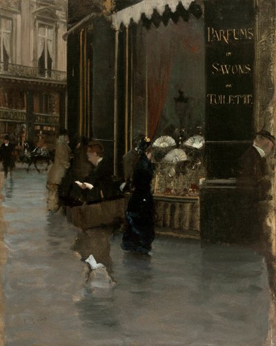The Violet parfumeri, på hjørnet af boulevard des Capucines og rue Scribe, ca. 1880. af Giuseppe de Nittis