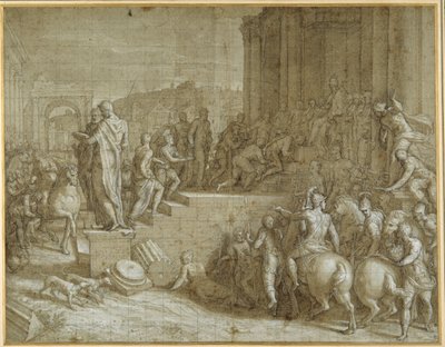 Legenden om syv konger, der hylder en pave (pen og brunt blæk med vask og hvid kropsfarve på carta azzurra) af Giuseppe della Porta Salviati