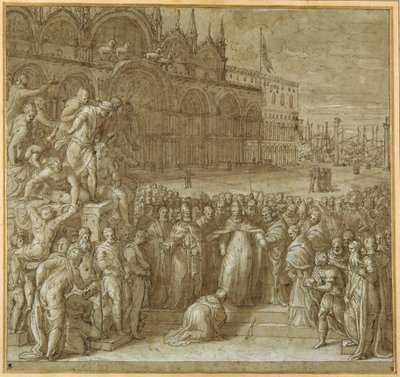 Forsoningen mellem pave Alexander III og Frederick Barbarossa, i nærværelse af Doge Sebastiano Ziani (pen og brunt blæk med brun vask og forhøjning) af Giuseppe della Porta Salviati