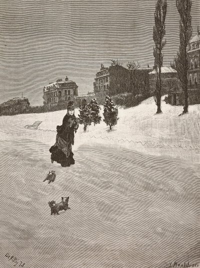 Det er koldt!, kvinde, der går i sneen, gravering fra et maleri af Giuseppe De Nittis, tegning af Montefusco, L