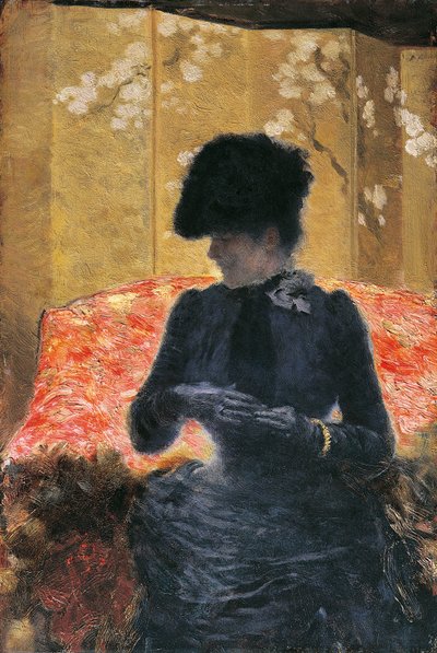 Kvinde på rød sofa af Giuseppe or Joseph de Nittis