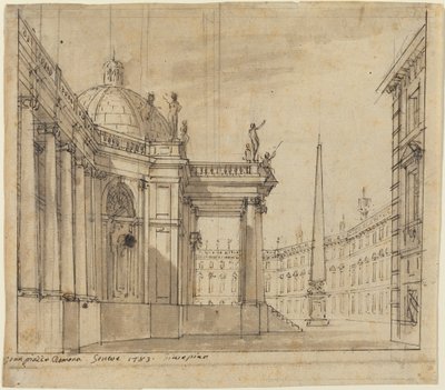 Scenedesign: En Piazza med en kuppelkirke og en obelisk af Giuseppino Galliari
