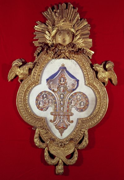 Fleur de France, genealogisk træ med tretten portrætter af Ludvig XV (1710-74) og hans efterkommere i en fleur-de-lys formet ramme, 1765 (guld og emalje) af Glokeur de Surchamps