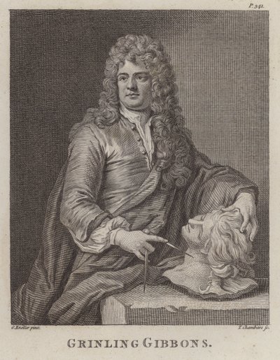 Grinling Gibbons, engelsk træskærer og billedhugger (gravering) af Godfrey (after) Kneller