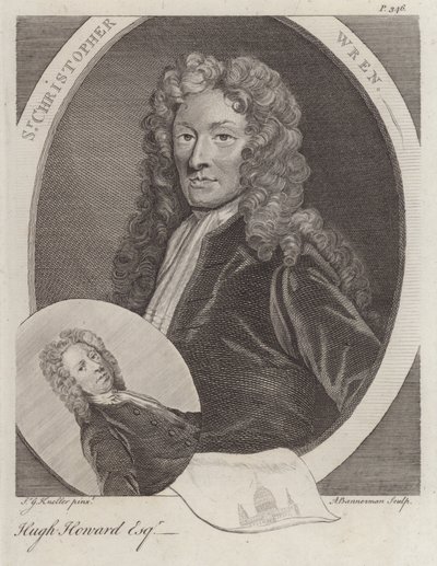 Sir Christopher Wren, engelsk arkitekt, og Hugh Howard, engelsk kunstner og samler (gravering) af Godfrey (after) Kneller
