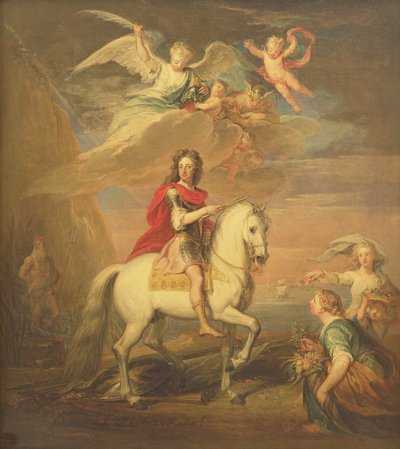 William III på en grå oplader observeret af Neptun, Ceres og Flora. Merkur på himlen og Astrea af Godfrey Kneller