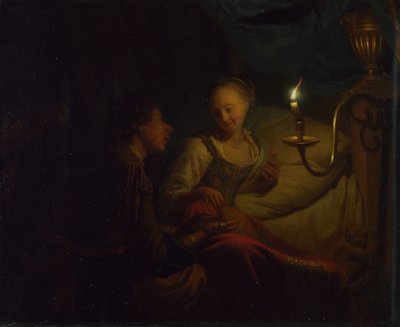 En scene med levende lys. En mand, der tilbyder en guldkæde og mønter til en pige, der sidder på en seng, ca. 1665-1667 af Godfried Cornelisz Schalcken