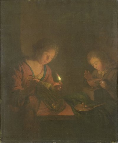 Ild og lys (en pige sætter et lys i en lanterne, og en dreng blæser på kullene i et gnidningsfad) af Godfried Schalcken (attributed to)