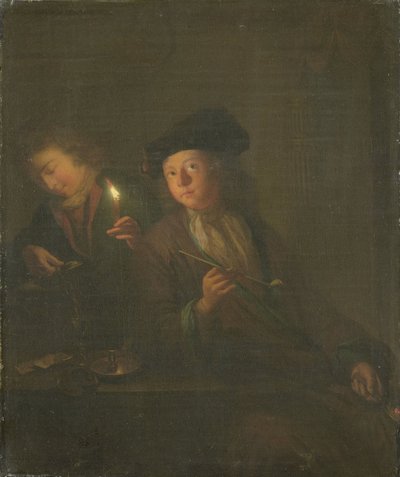 The Smoker (En mand med en pibe og en mand der hælder en drik i et glas) af Godfried Schalcken (attributed to)