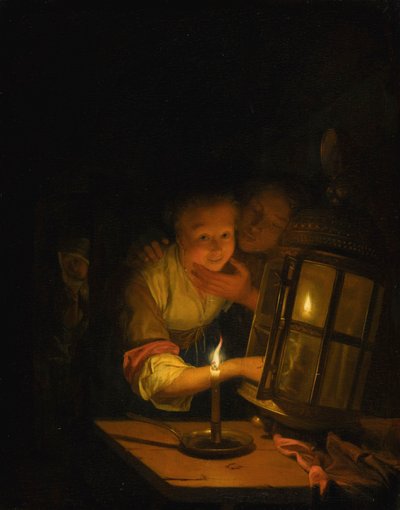 Et forelsket par fanget i færd med at tænde en lanterne af Godfried Schalcken