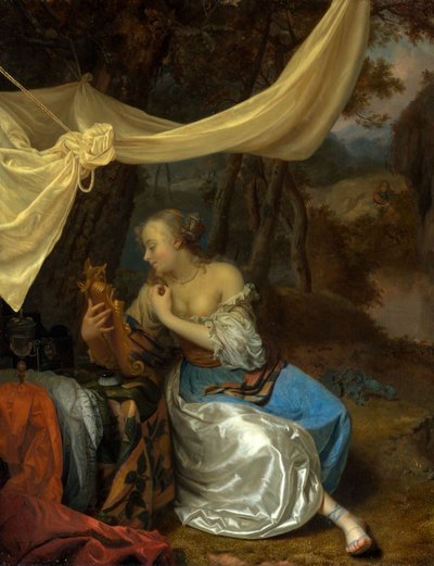 Dame med spejl under en baldakin i et skovklædt landskab af Godfried Schalcken
