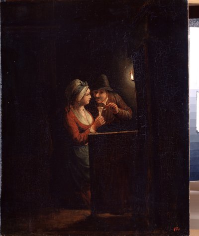 En mand og en kvinde ved levende lys. Maleri af Godfried Cornelisz Schalcken (1643-1706). Olie på lærred, 31 x 25 cm. Hollandsk kunst, barokkunst. State Open Air Museum Palace Gatchina, Sankt Petersborg. af Godfried Schalcken