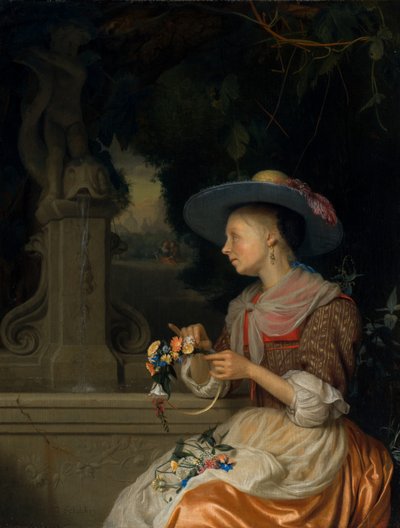 Kvinde, der væver en krone af blomster, ca. 16751680. af Godfried Schalcken
