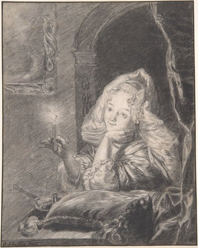 Ung kvinde siddende ved et bord med et lys i hånden af Godfried Schalcken